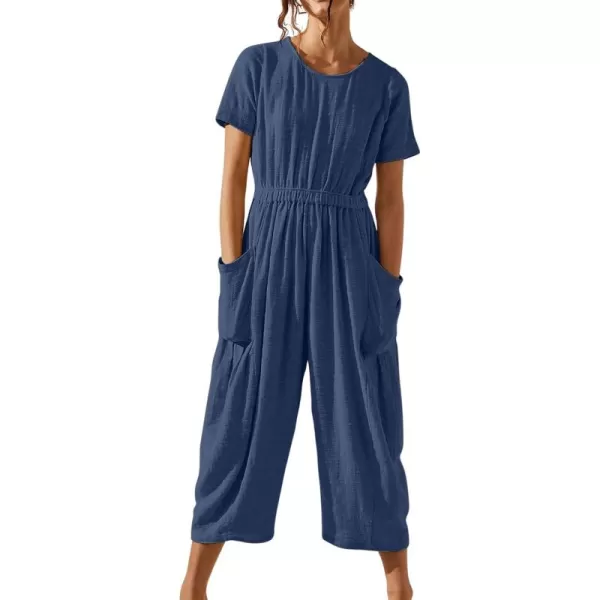 CHARTOU Women Casual Linen Short Sleeve Cropped Jumpsuit with Pockets Wide Leg Elastic Waist Summer Romper