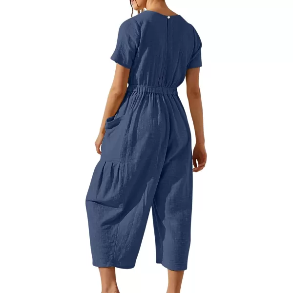 CHARTOU Women Casual Linen Short Sleeve Cropped Jumpsuit with Pockets Wide Leg Elastic Waist Summer Romper