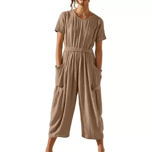CHARTOU Women Casual Linen Short Sleeve Cropped Jumpsuit with Pockets Wide Leg Elastic Waist Summer Romper