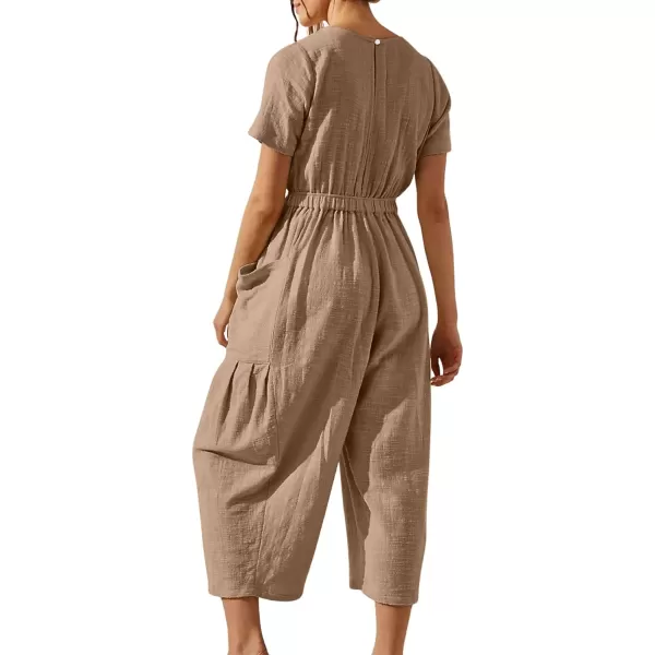 CHARTOU Women Casual Linen Short Sleeve Cropped Jumpsuit with Pockets Wide Leg Elastic Waist Summer Romper