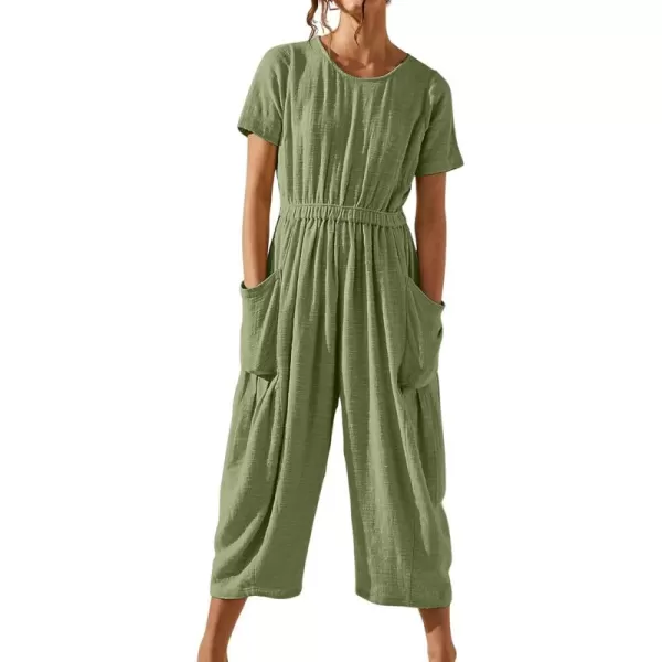CHARTOU Women Casual Linen Short Sleeve Cropped Jumpsuit with Pockets Wide Leg Elastic Waist Summer Romper