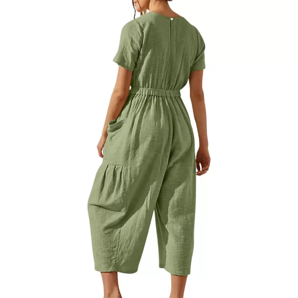 CHARTOU Women Casual Linen Short Sleeve Cropped Jumpsuit with Pockets Wide Leg Elastic Waist Summer Romper