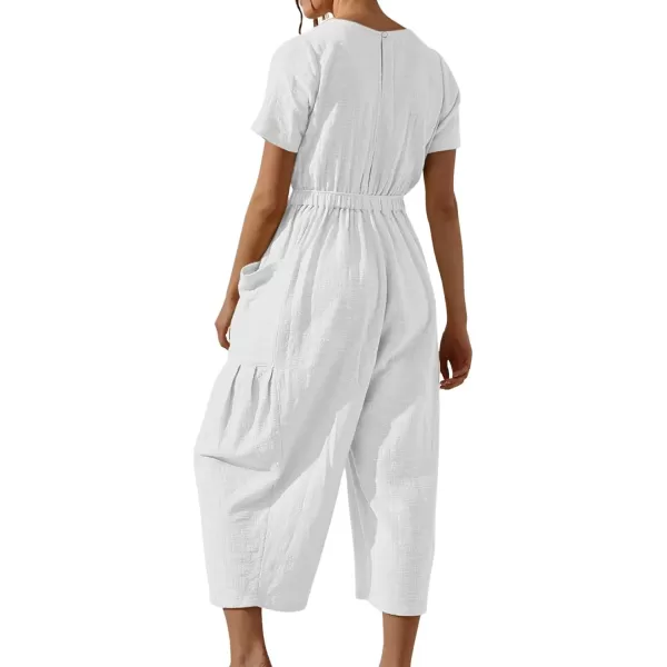 CHARTOU Women Casual Linen Short Sleeve Cropped Jumpsuit with Pockets Wide Leg Elastic Waist Summer Romper
