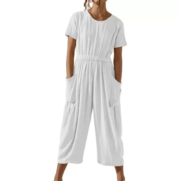 CHARTOU Women Casual Linen Short Sleeve Cropped Jumpsuit with Pockets Wide Leg Elastic Waist Summer Romper