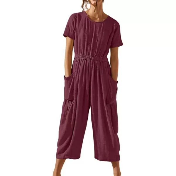 CHARTOU Women Casual Linen Short Sleeve Cropped Jumpsuit with Pockets Wide Leg Elastic Waist Summer Romper