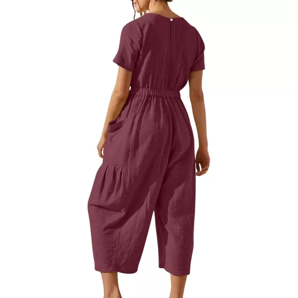 CHARTOU Women Casual Linen Short Sleeve Cropped Jumpsuit with Pockets Wide Leg Elastic Waist Summer Romper