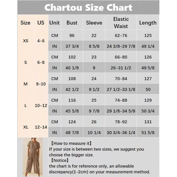 CHARTOU Women Casual Linen Short Sleeve Cropped Jumpsuit with Pockets Wide Leg Elastic Waist Summer Romper