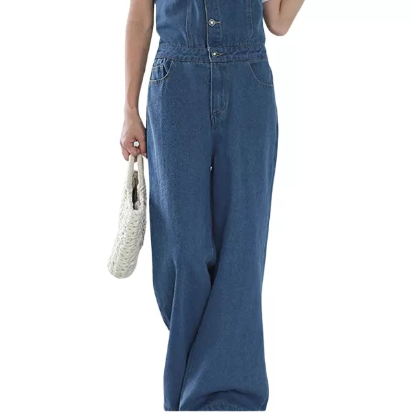 CHARTOU Women Casual Wide Leg Denim Jean Jumpsuit Button Overalls Long Romper Dungarees Tie Knot Outfit