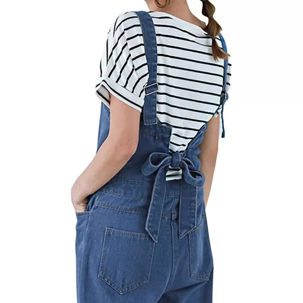 CHARTOU Women Casual Wide Leg Denim Jean Jumpsuit Button Overalls Long Romper Dungarees Tie Knot Outfit