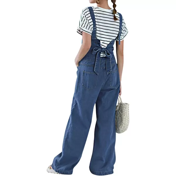CHARTOU Women Casual Wide Leg Denim Jean Jumpsuit Button Overalls Long Romper Dungarees Tie Knot Outfit