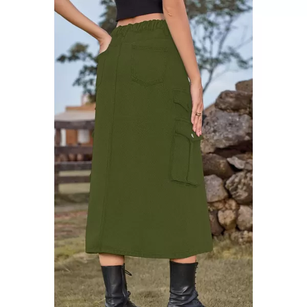 CHARTOU Women Denim Jean Midi Skirt Long Slit Skirt Elastic Waist A Line Skirt Y2K Cargo Skirt Mid Length