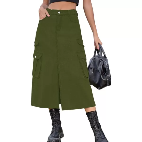 CHARTOU Women Denim Jean Midi Skirt Long Slit Skirt Elastic Waist A Line Skirt Y2K Cargo Skirt Mid Length