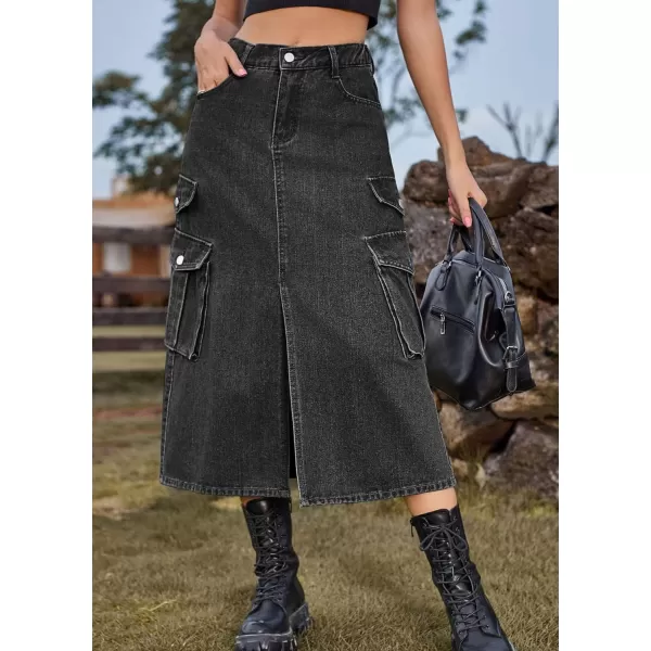 CHARTOU Women Denim Jean Midi Skirt Long Slit Skirt Elastic Waist A Line Skirt Y2K Cargo Skirt Mid Length