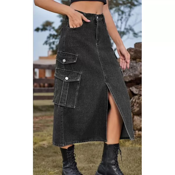 CHARTOU Women Denim Jean Midi Skirt Long Slit Skirt Elastic Waist A Line Skirt Y2K Cargo Skirt Mid Length