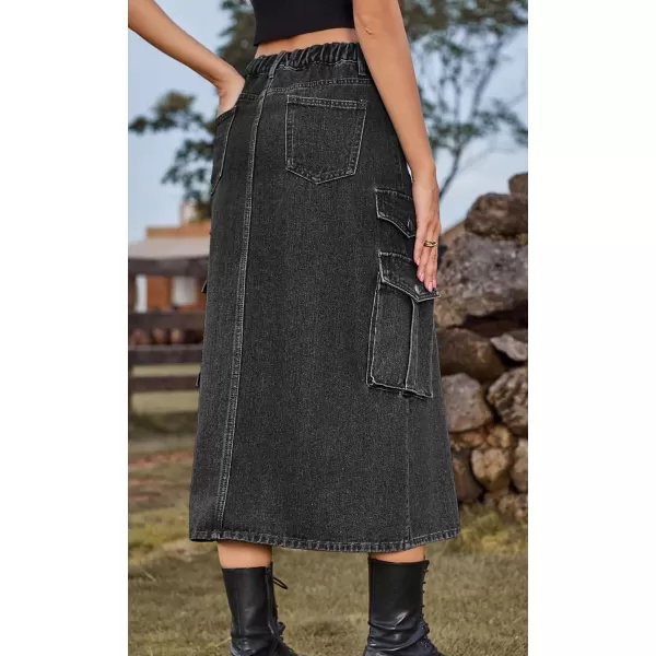 CHARTOU Women Denim Jean Midi Skirt Long Slit Skirt Elastic Waist A Line Skirt Y2K Cargo Skirt Mid Length