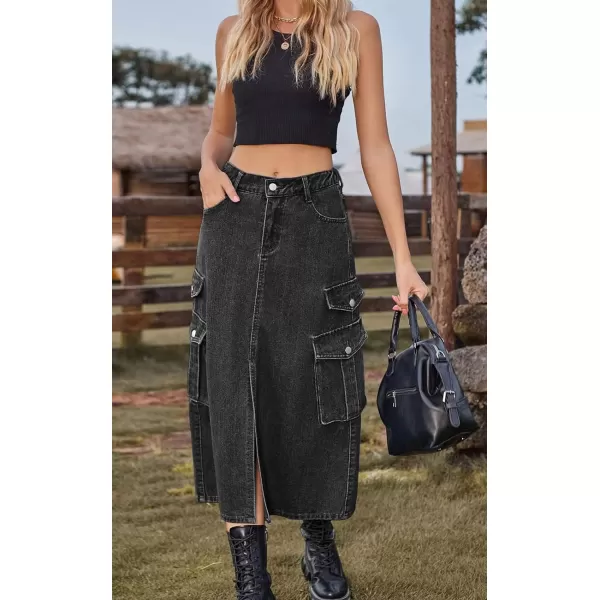 CHARTOU Women Denim Jean Midi Skirt Long Slit Skirt Elastic Waist A Line Skirt Y2K Cargo Skirt Mid Length