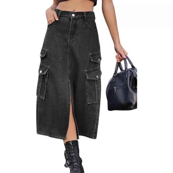 CHARTOU Women Denim Jean Midi Skirt Long Slit Skirt Elastic Waist A Line Skirt Y2K Cargo Skirt Mid Length