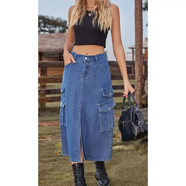 CHARTOU Women Denim Jean Midi Skirt Long Slit Skirt Elastic Waist A Line Skirt Y2K Cargo Skirt Mid Length