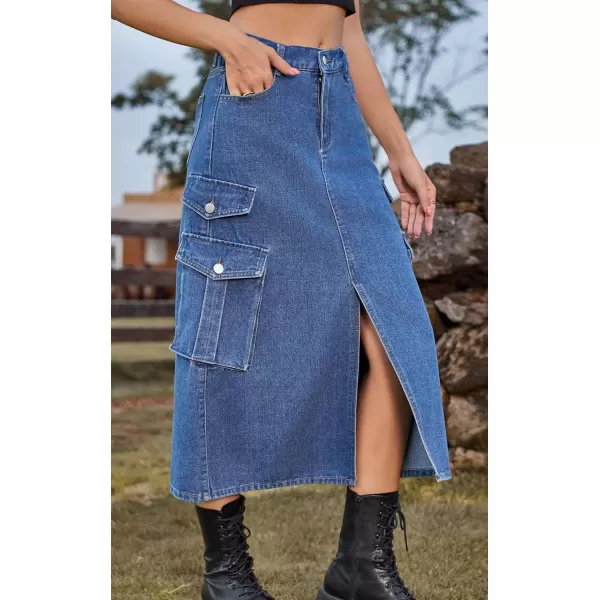 CHARTOU Women Denim Jean Midi Skirt Long Slit Skirt Elastic Waist A Line Skirt Y2K Cargo Skirt Mid Length