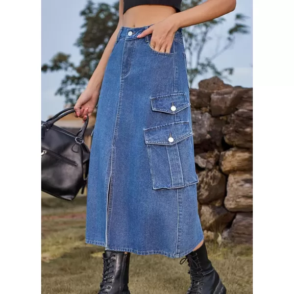 CHARTOU Women Denim Jean Midi Skirt Long Slit Skirt Elastic Waist A Line Skirt Y2K Cargo Skirt Mid Length