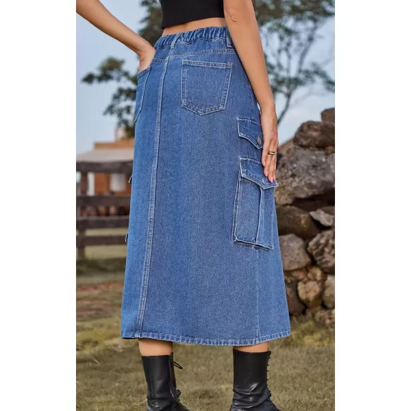 CHARTOU Women Denim Jean Midi Skirt Long Slit Skirt Elastic Waist A Line Skirt Y2K Cargo Skirt Mid Length