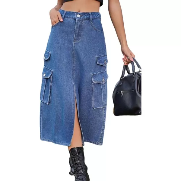 CHARTOU Women Denim Jean Midi Skirt Long Slit Skirt Elastic Waist A Line Skirt Y2K Cargo Skirt Mid Length