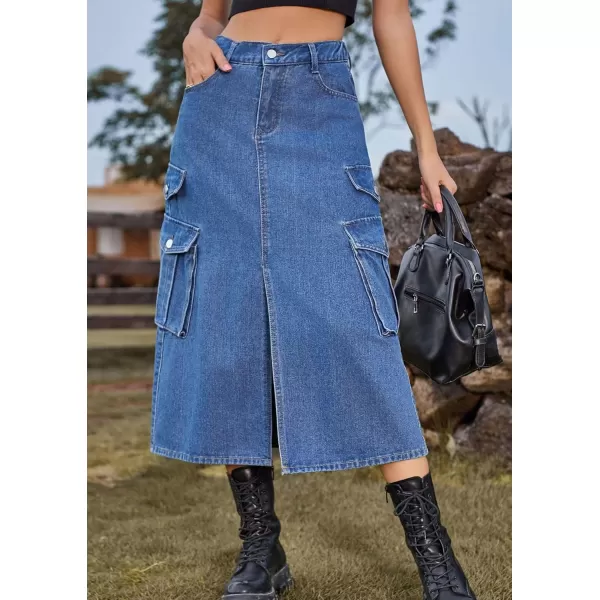 CHARTOU Women Denim Jean Midi Skirt Long Slit Skirt Elastic Waist A Line Skirt Y2K Cargo Skirt Mid Length