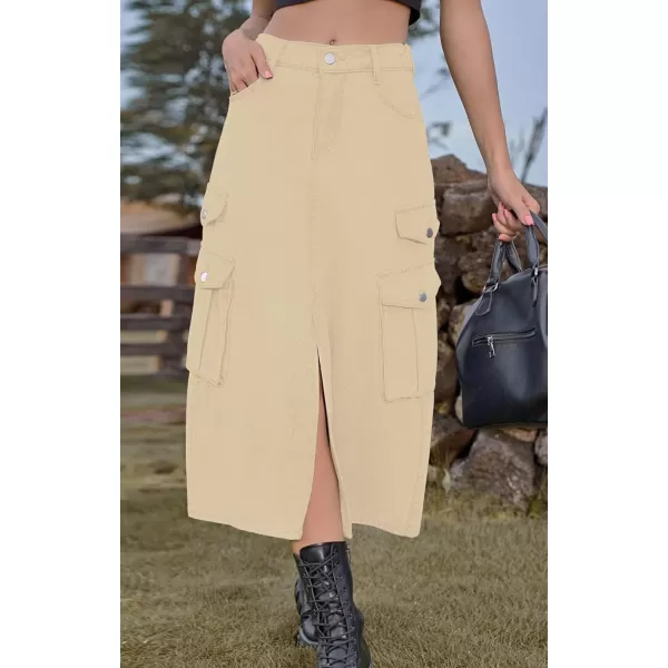 CHARTOU Women Denim Jean Midi Skirt Long Slit Skirt Elastic Waist A Line Skirt Y2K Cargo Skirt Mid Length