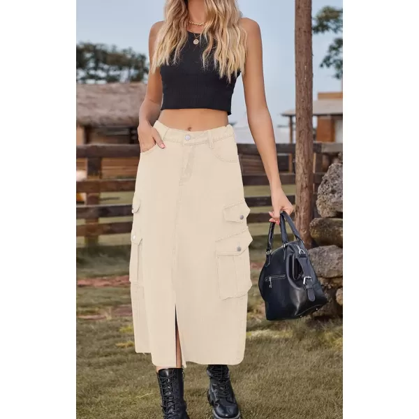 CHARTOU Women Denim Jean Midi Skirt Long Slit Skirt Elastic Waist A Line Skirt Y2K Cargo Skirt Mid Length