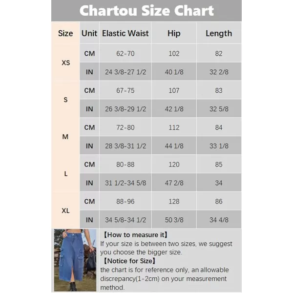 CHARTOU Women Denim Jean Midi Skirt Long Slit Skirt Elastic Waist A Line Skirt Y2K Cargo Skirt Mid Length
