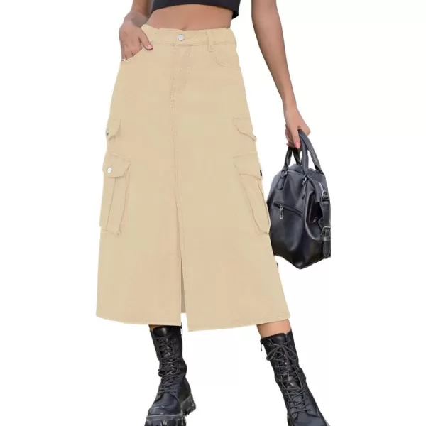 CHARTOU Women Denim Jean Midi Skirt Long Slit Skirt Elastic Waist A Line Skirt Y2K Cargo Skirt Mid Length