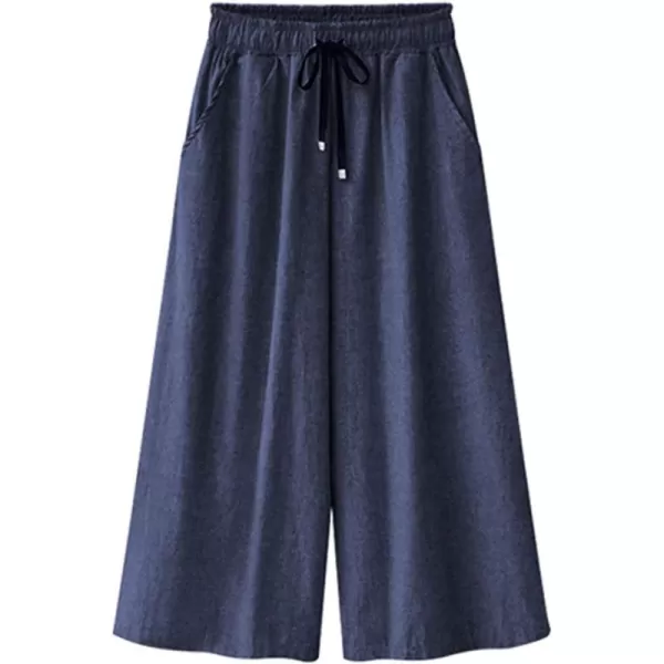 CHARTOU Women Elastic Waist Wide Leg Capris Cropped Denim Pants Jeans Palazzo Culottes with Pocket
