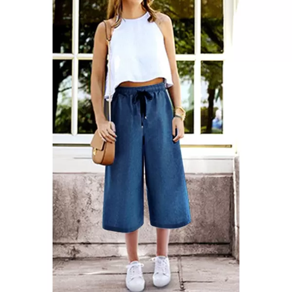 CHARTOU Women Elastic Waist Wide Leg Capris Cropped Denim Pants Jeans Palazzo Culottes with Pocket