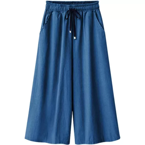 CHARTOU Women Elastic Waist Wide Leg Capris Cropped Denim Pants Jeans Palazzo Culottes with Pocket