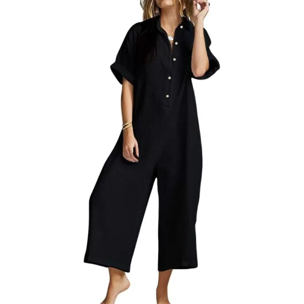 CHARTOU Women Linen Short Sleeve Jumpsuit Baggy Beach Wide Leg Romper Harem Jumpsuit One Piece Summer