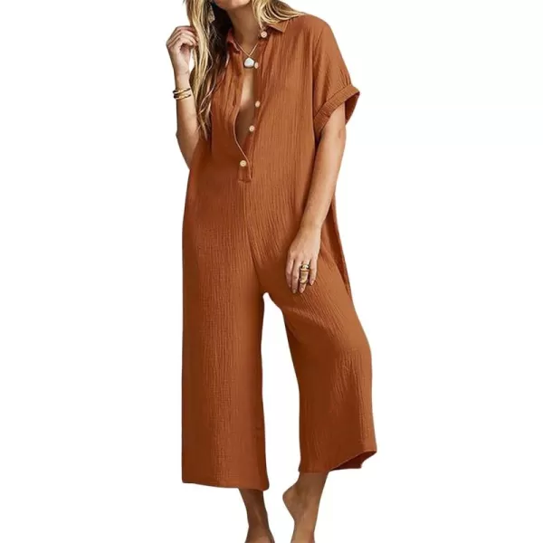 CHARTOU Women Linen Short Sleeve Jumpsuit Baggy Beach Wide Leg Romper Harem Jumpsuit One Piece Summer