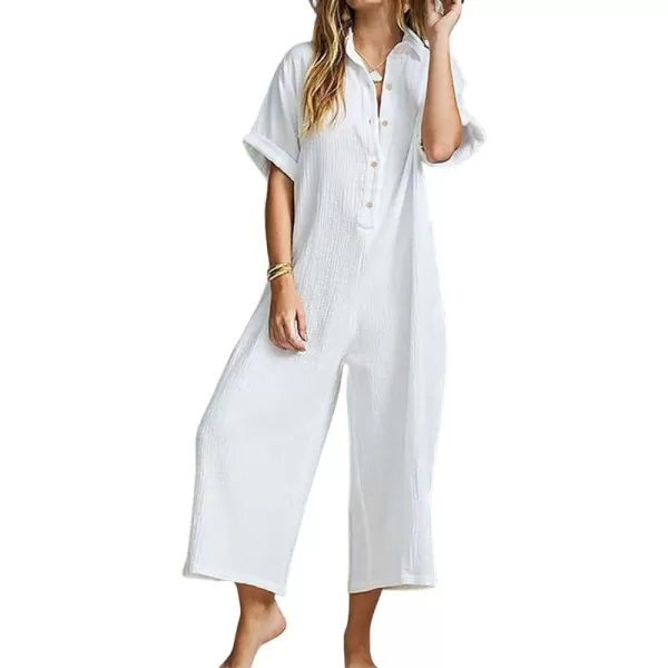 CHARTOU Women Linen Short Sleeve Jumpsuit Baggy Beach Wide Leg Romper Harem Jumpsuit One Piece Summer
