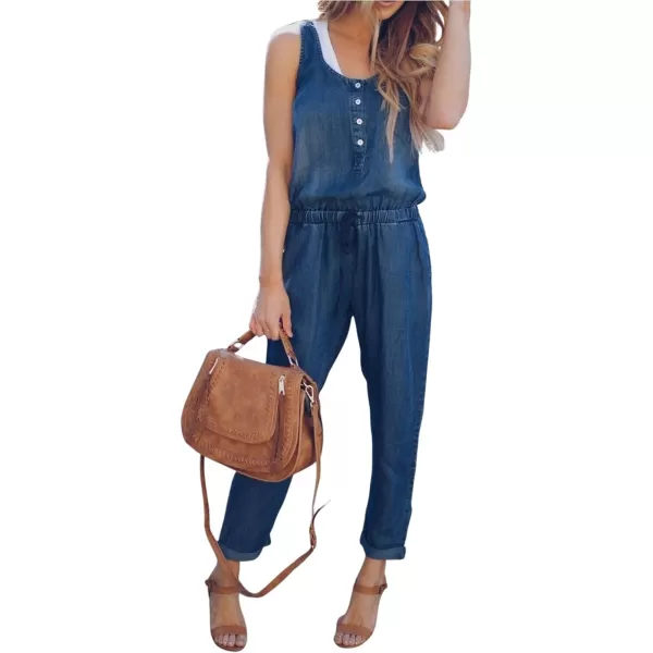 CHARTOU Women Loose Sleeveless Denim Jumpsuit Jean Vest Long Romper Outfits Drawstring One Piece Overalls