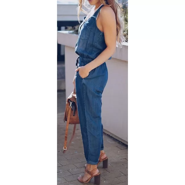 CHARTOU Women Loose Sleeveless Denim Jumpsuit Jean Vest Long Romper Outfits Drawstring One Piece Overalls