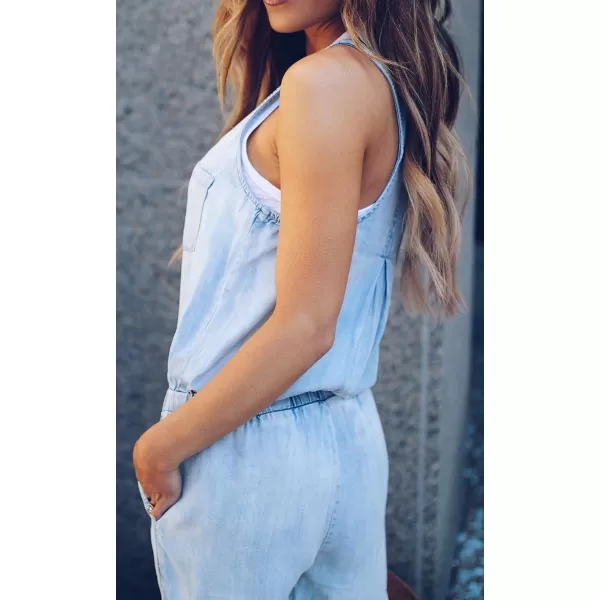CHARTOU Women Loose Sleeveless Denim Jumpsuit Jean Vest Long Romper Outfits Drawstring One Piece Overalls