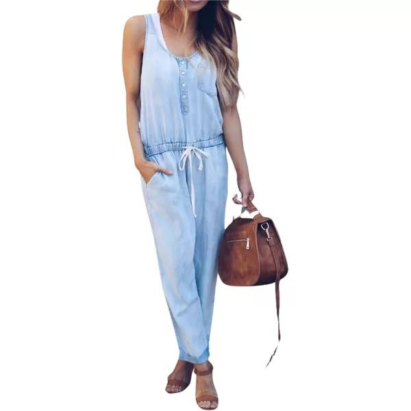 CHARTOU Women Loose Sleeveless Denim Jumpsuit Jean Vest Long Romper Outfits Drawstring One Piece Overalls
