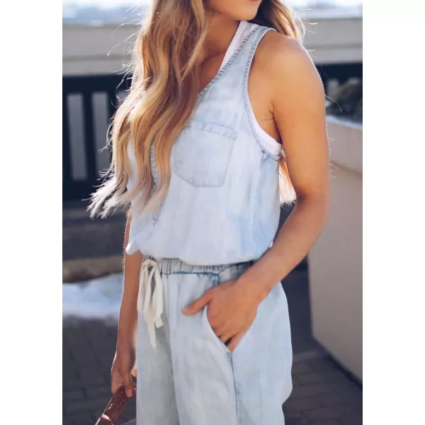 CHARTOU Women Loose Sleeveless Denim Jumpsuit Jean Vest Long Romper Outfits Drawstring One Piece Overalls