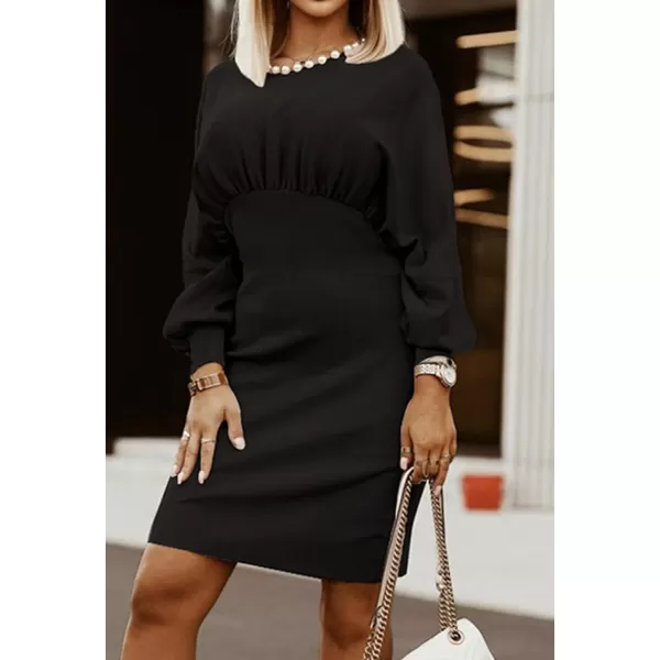 CHARTOU Women Ribbed Batwing Sleeve Sweater Dress Bodycon Smocked Wrap Dress Knee Length Sheath