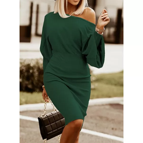 CHARTOU Women Ribbed Batwing Sleeve Sweater Dress Bodycon Smocked Wrap Dress Knee Length Sheath