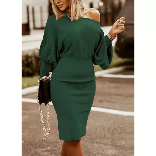 CHARTOU Women Ribbed Batwing Sleeve Sweater Dress Bodycon Smocked Wrap Dress Knee Length Sheath