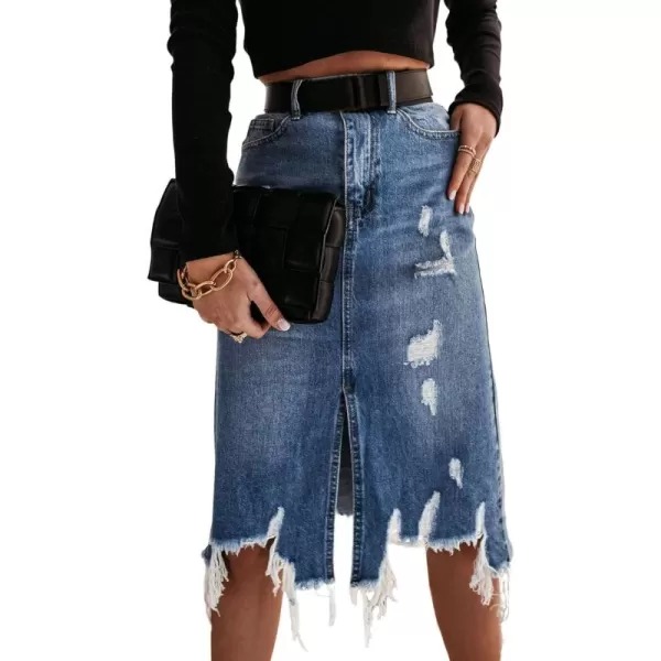CHARTOU Women Ripped Distressed Denim Skirt Jean Rip A Line Midi Skirt with Slit Knee Length