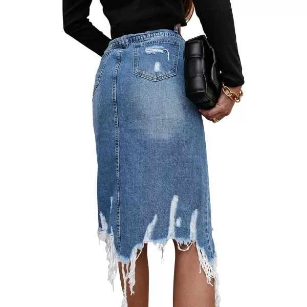 CHARTOU Women Ripped Distressed Denim Skirt Jean Rip A Line Midi Skirt with Slit Knee Length