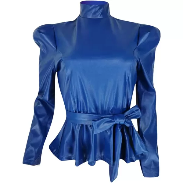CHARTOU Women Sexy PU Faux Leather Shirts Peplum Top Blouse Puff Sleeve Ruffle Hem Pullover Belt
