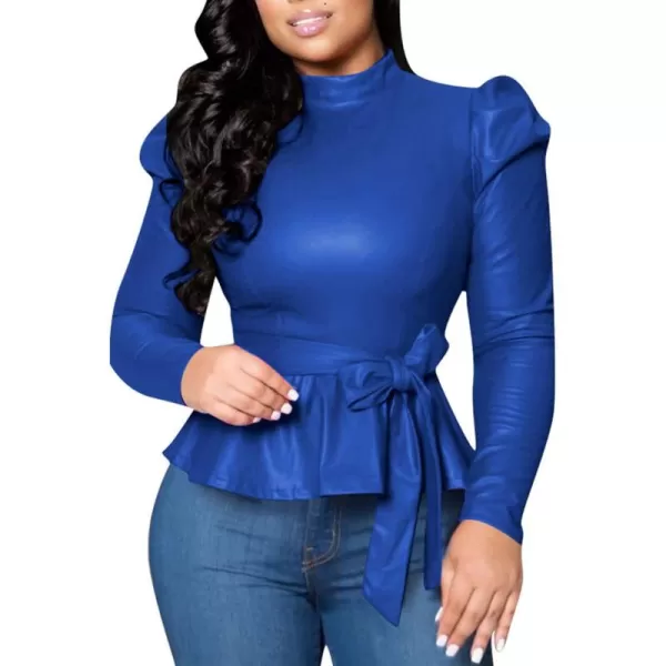 CHARTOU Women Sexy PU Faux Leather Shirts Peplum Top Blouse Puff Sleeve Ruffle Hem Pullover Belt