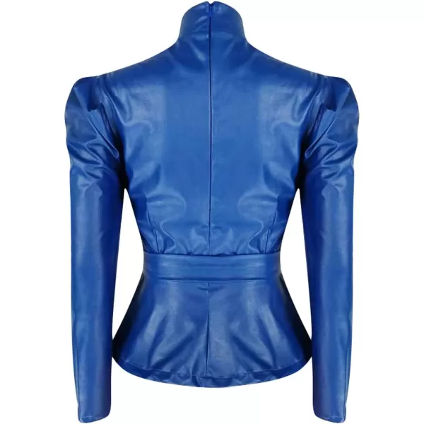 CHARTOU Women Sexy PU Faux Leather Shirts Peplum Top Blouse Puff Sleeve Ruffle Hem Pullover Belt